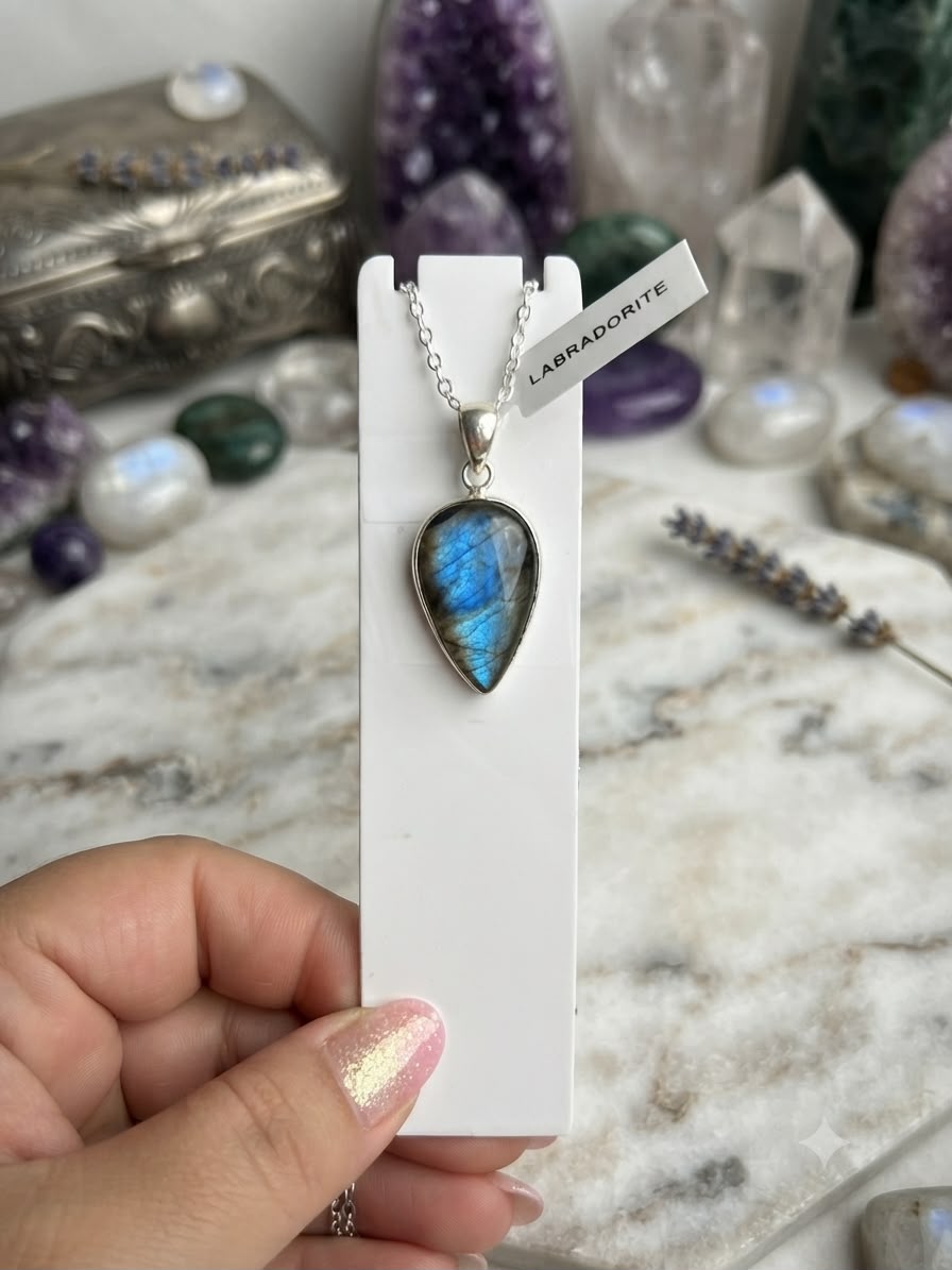 Collana con ciondolo in labradorite argento e collana in acciaio